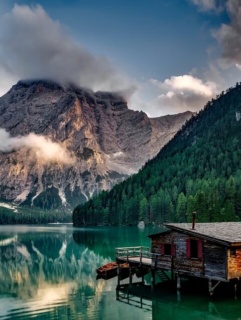 mountains, lake, house