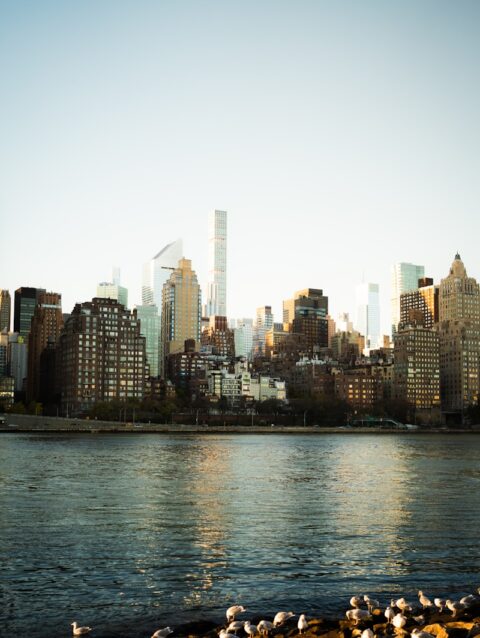 A large body of water with a city in the background