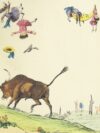 a drawing of a bull with people flying around