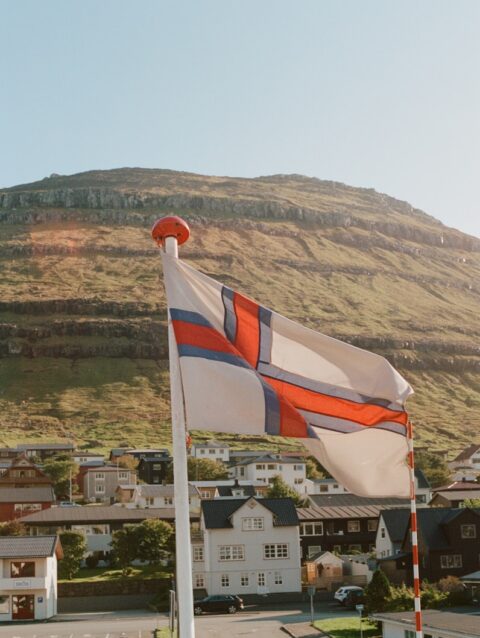A flag flying in the wind on a city street