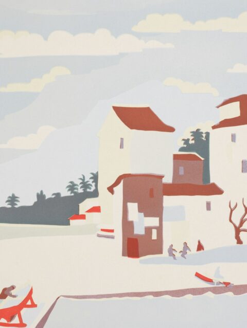 A painting of a snowy village with houses