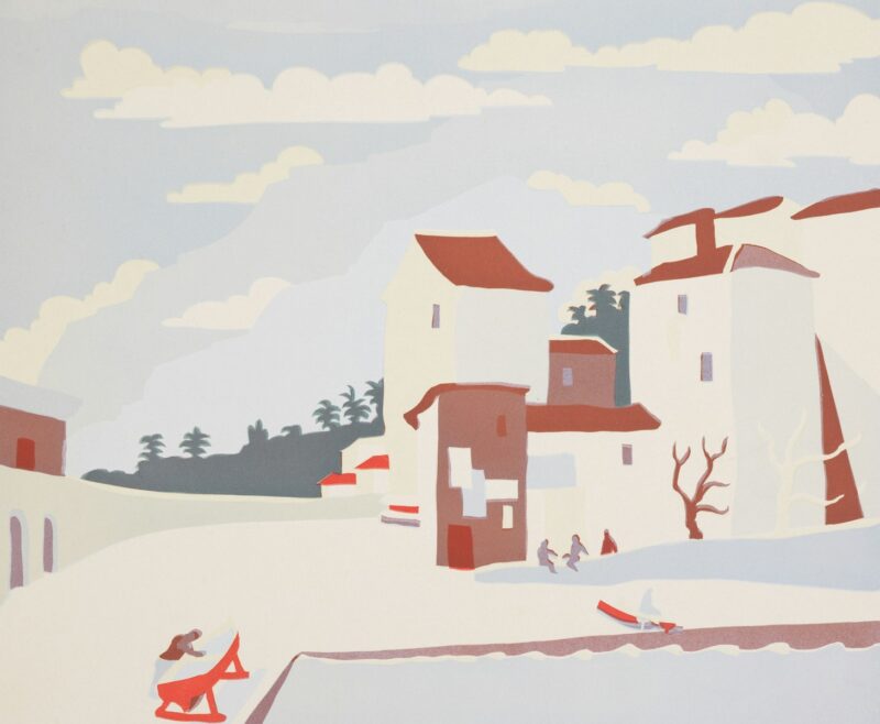 A painting of a snowy village with houses