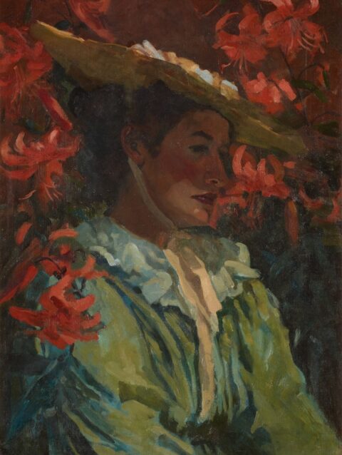 A painting of a woman with a hat and flowers