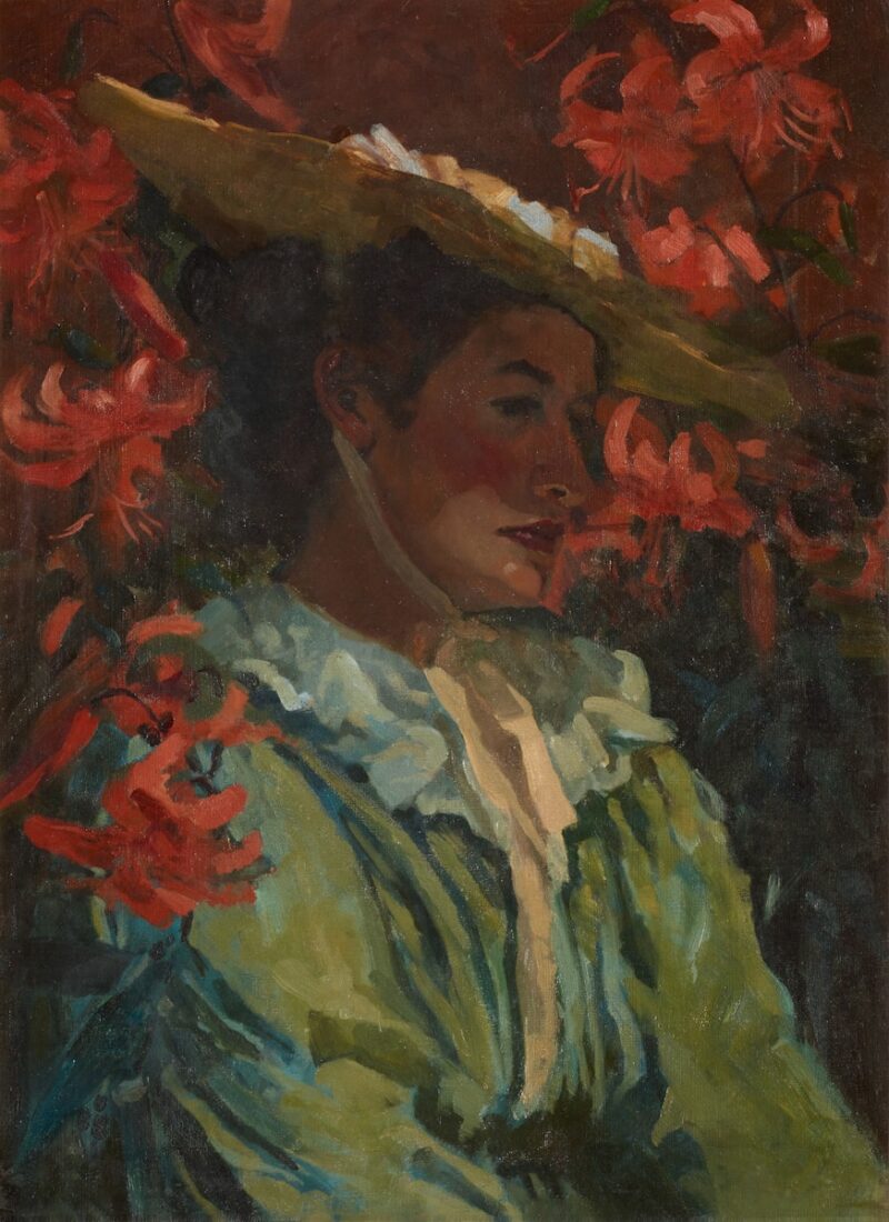 A painting of a woman with a hat and flowers