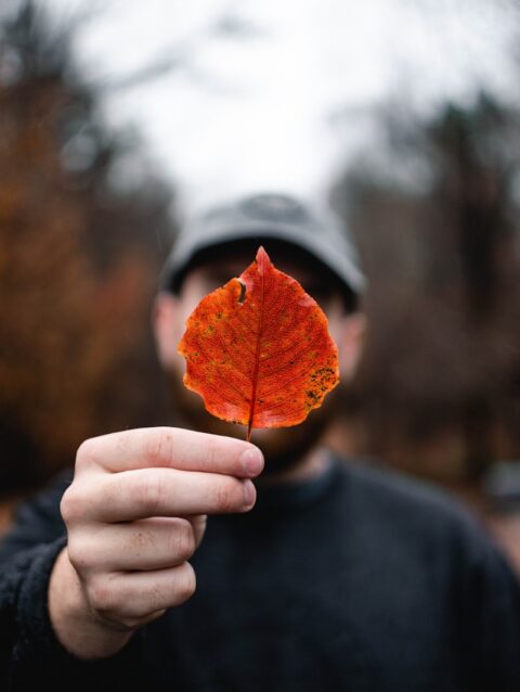 A man holding up a leaf in front of his face