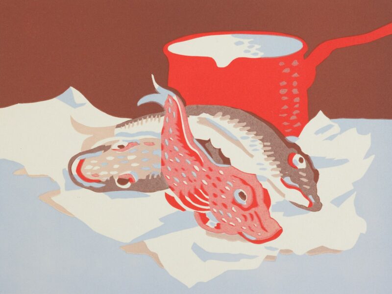 A painting of two fish on a table