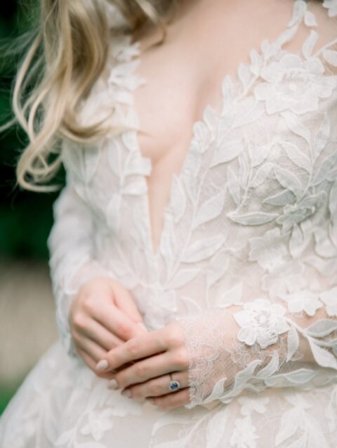 A close up of a person wearing a wedding dress